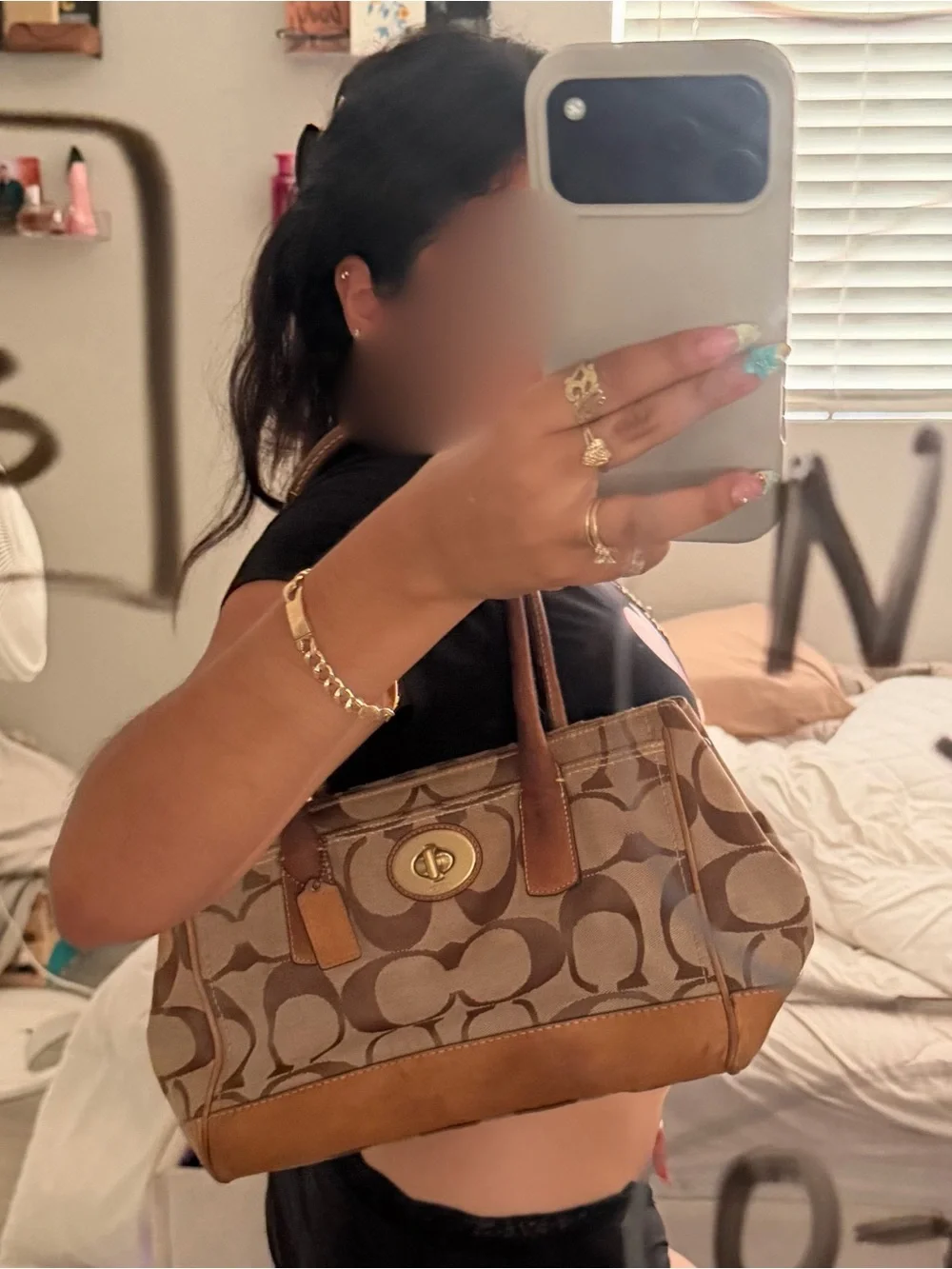 Coach Tan Leather Patch with Light Blue Lining